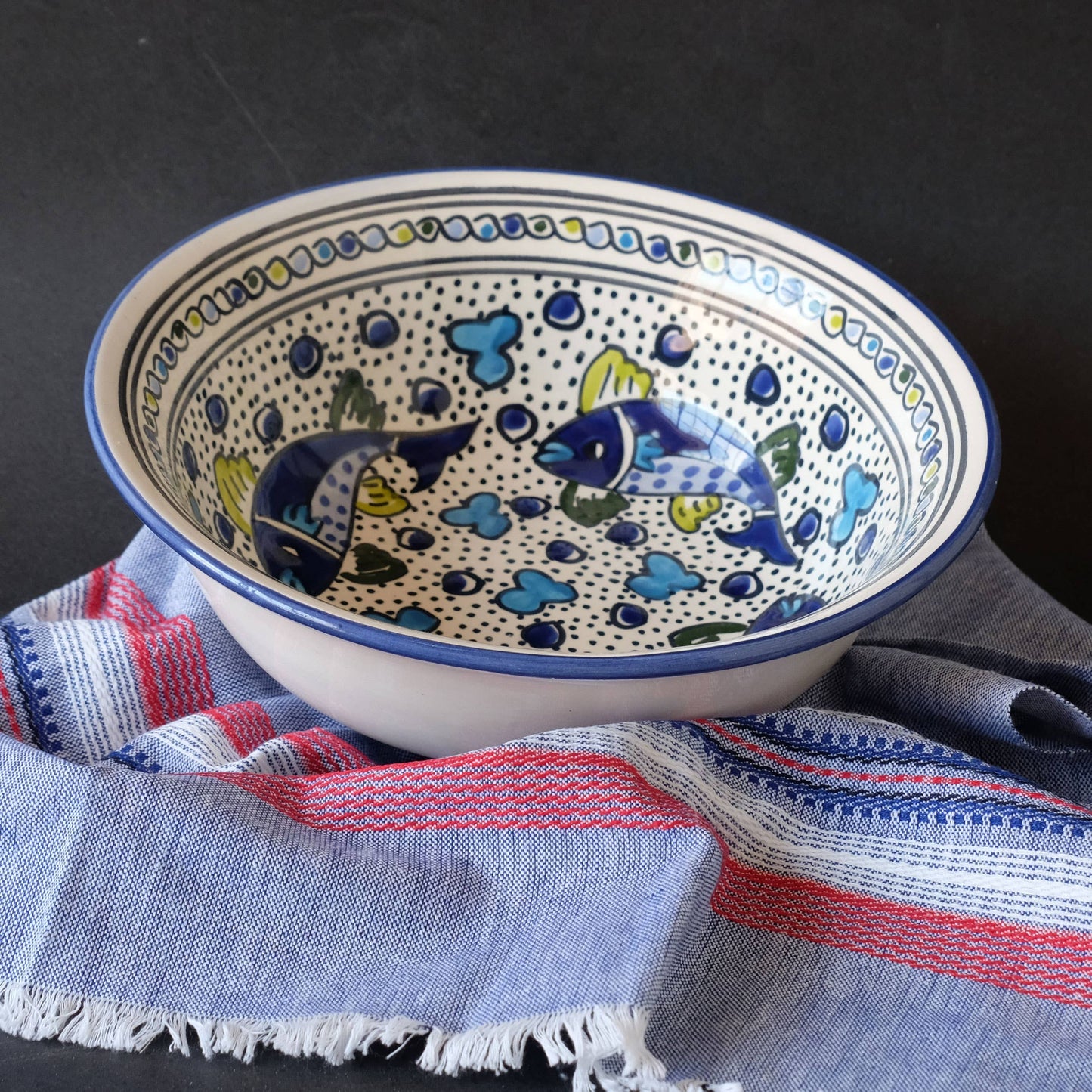 10" Blue Fish Medium Deep Ceramic Salad Bowl | Serving Bowl
