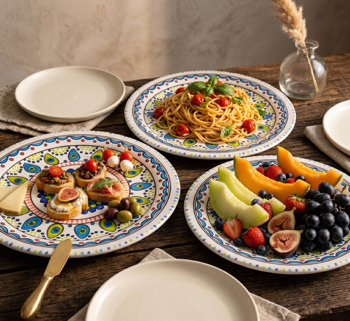 Artisian 13" Hand-Painted Ceramic Platter–Mediterranean Peacock-Pavo