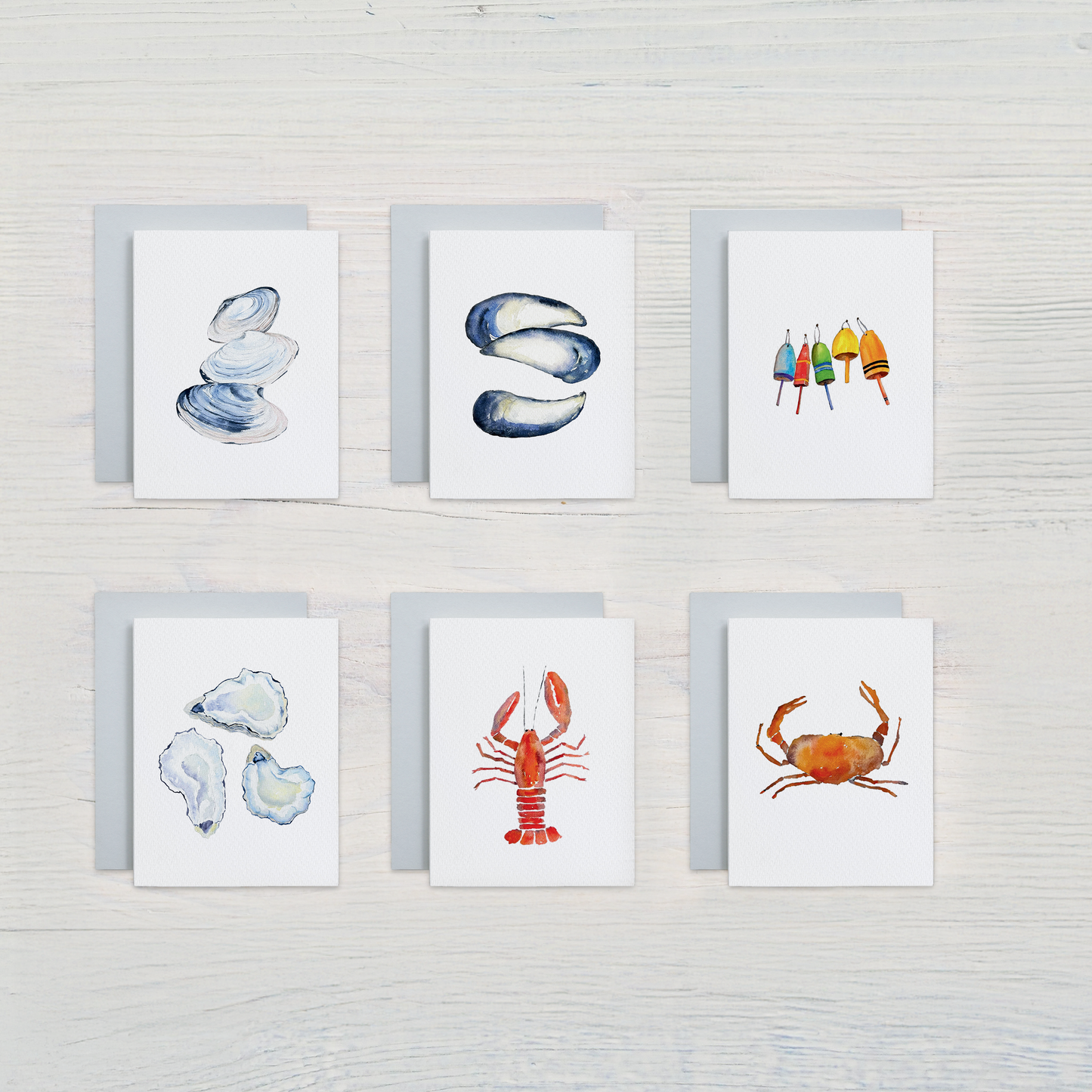 Watercolor Coastal Card Set: 6 Assorted Shell & Buoy Designs