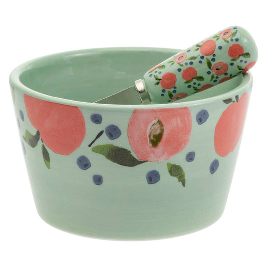 Peaches Ceramic Bowl & Metal Spreader