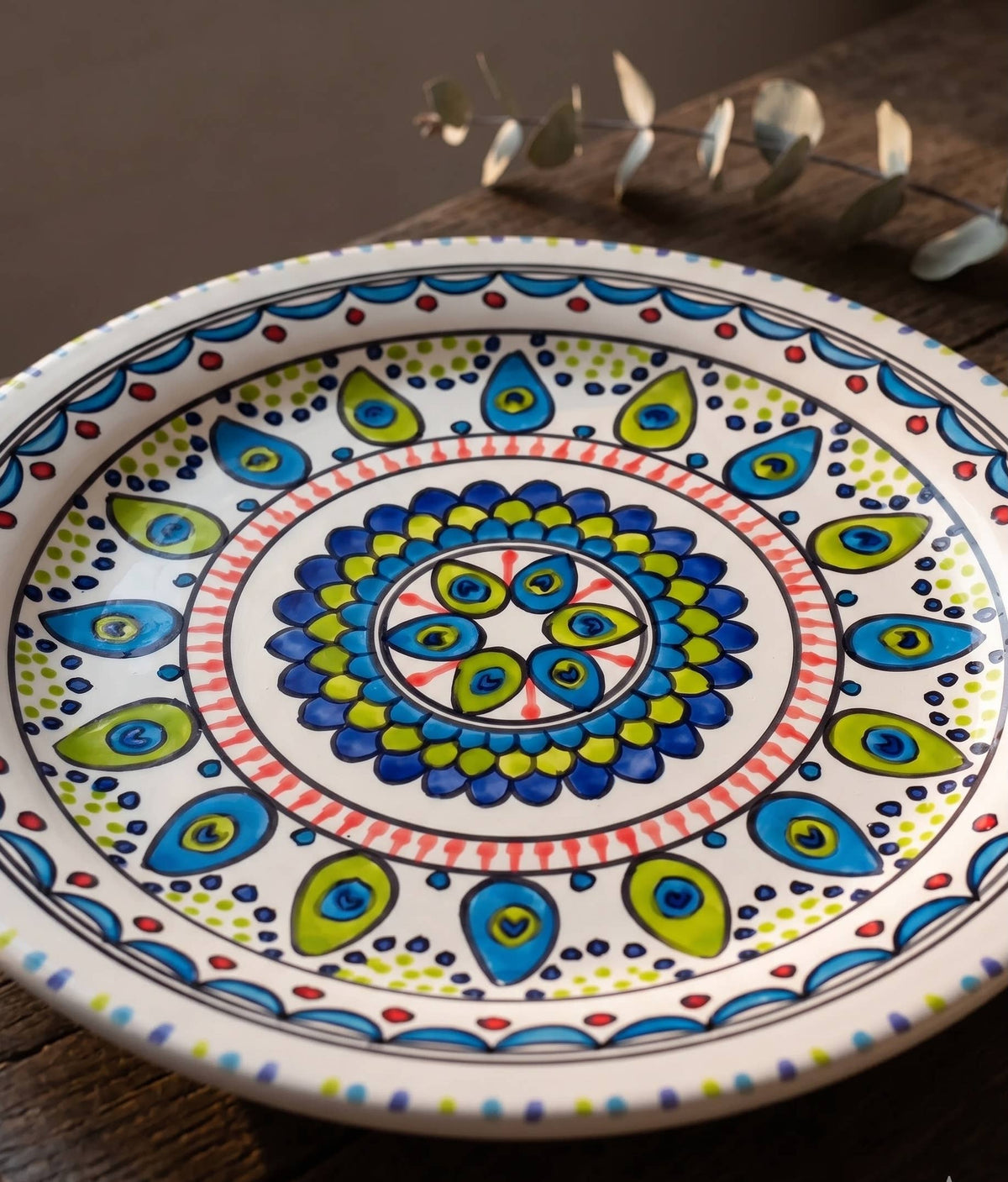 Artisian 13" Hand-Painted Ceramic Platter–Mediterranean Peacock-Pavo