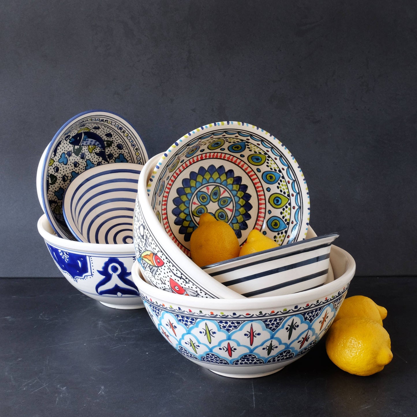 10" Blue Fish Medium Deep Ceramic Salad Bowl | Serving Bowl