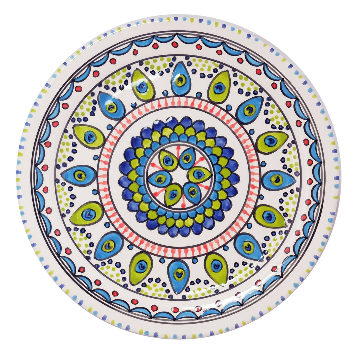 Artisian 13" Hand-Painted Ceramic Platter–Mediterranean Peacock-Pavo