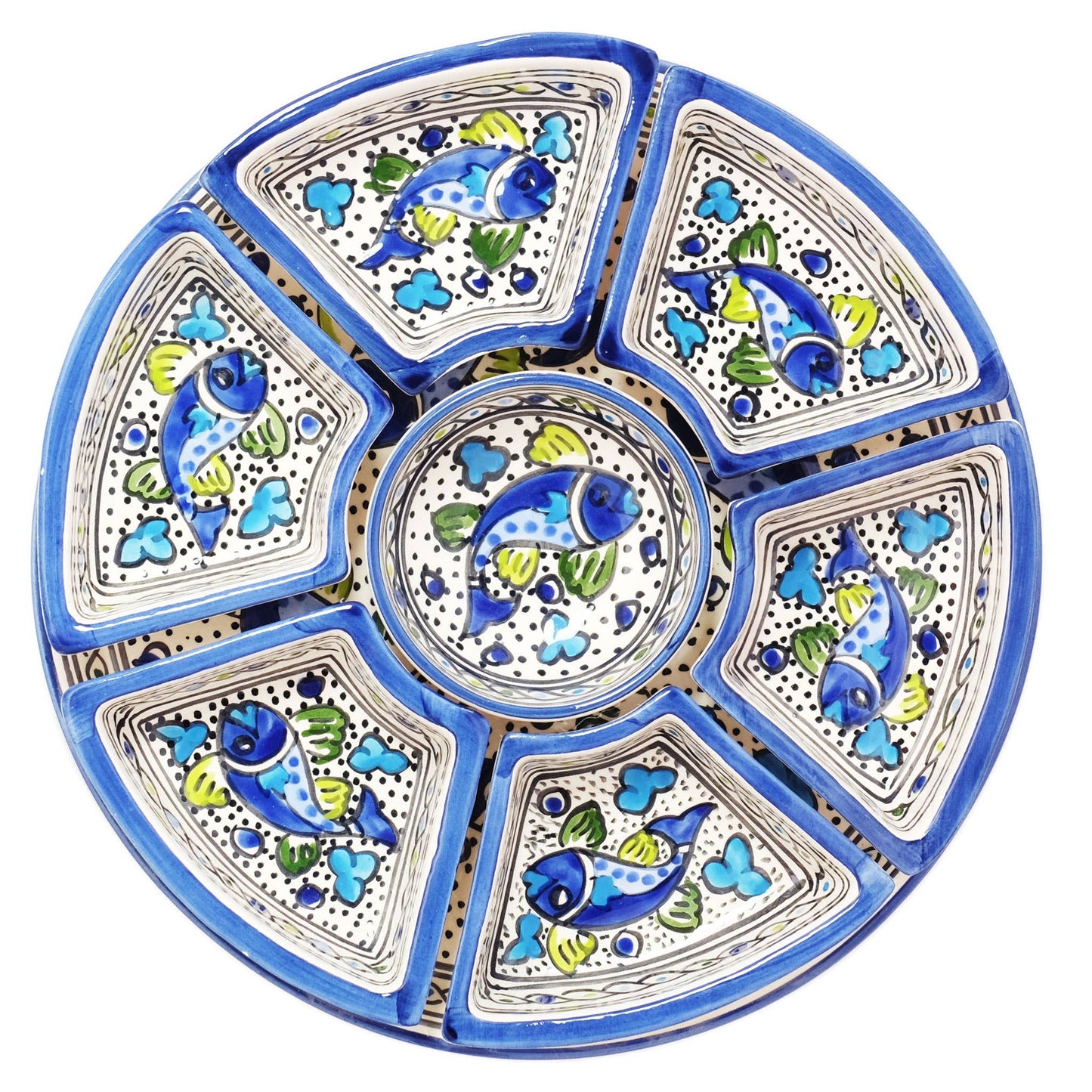 Blue Fish Hand Painted Ceramic Tapas Chip & Dip Server