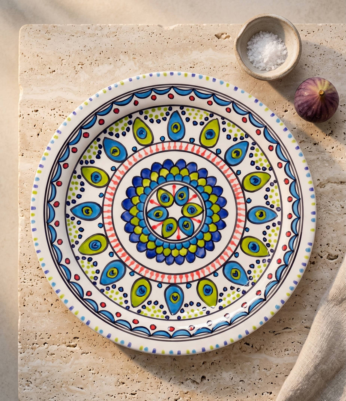 Artisian 13" Hand-Painted Ceramic Platter–Mediterranean Peacock-Pavo