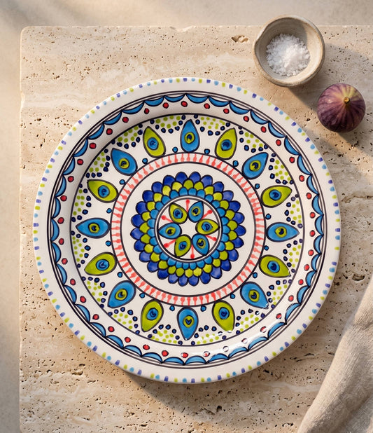 Artisian 13" Hand-Painted Ceramic Platter–Mediterranean Peacock-Pavo